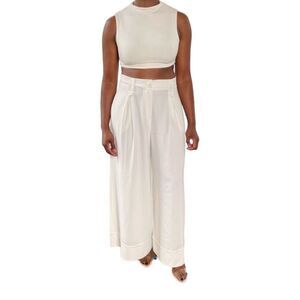 Revolve Babylon Collection Wide Leg Cuffed Trouser Pants in White Cream